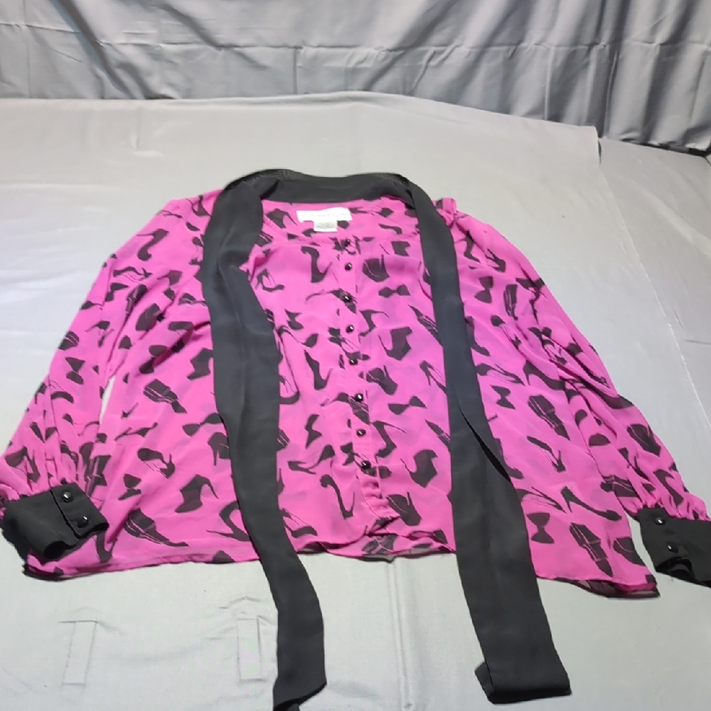 Kardashian Kollection Fuchsia Black Shoe Print Shirt Long Sleeve Blouse‎